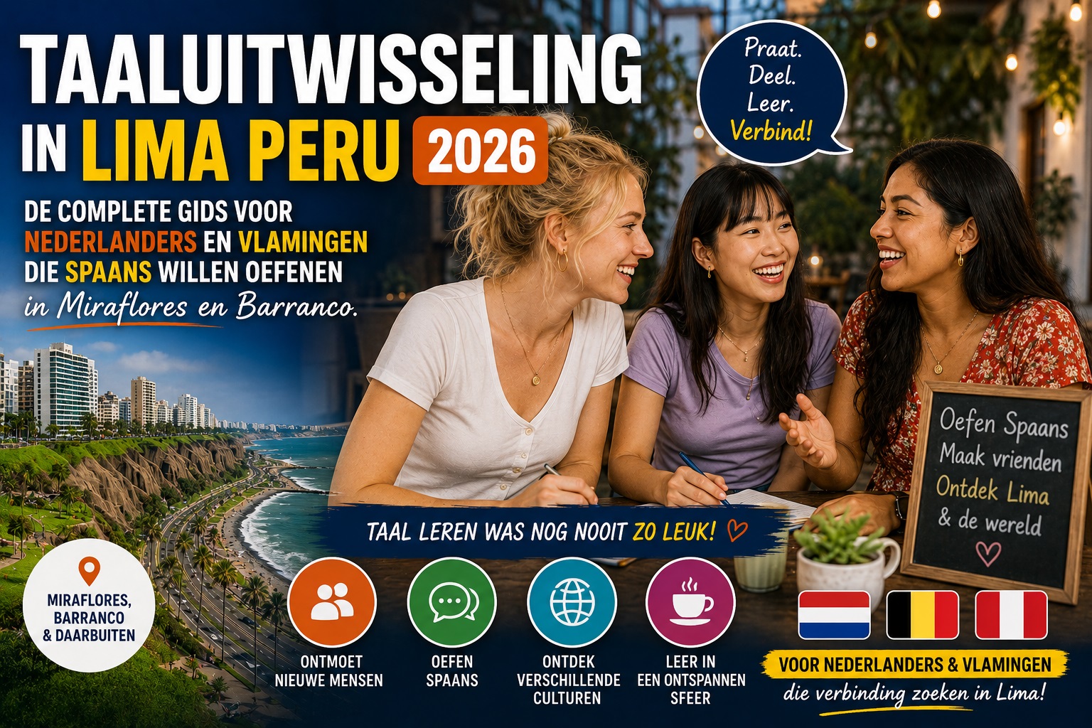 'Taaluitwisseling in Miraflores Lima Peru met internationale deelnemers'